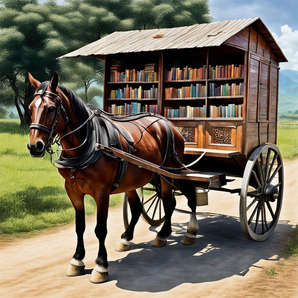 Vintage Mobile Library in Horse-Drawn Cart