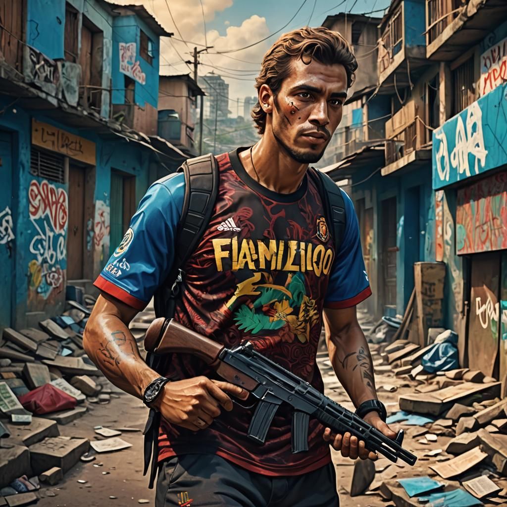 Man in Flamengo Jersey in Favela, Hyper-Realistic Art