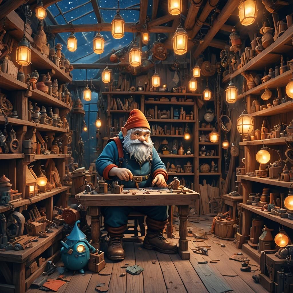 Gnome Carpenter in Starry Space Workshop