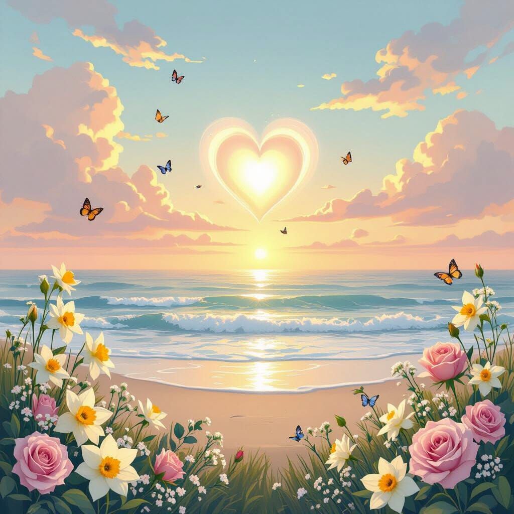 Dreamy Sunrise Landscape with Glowing Heart and Flowers