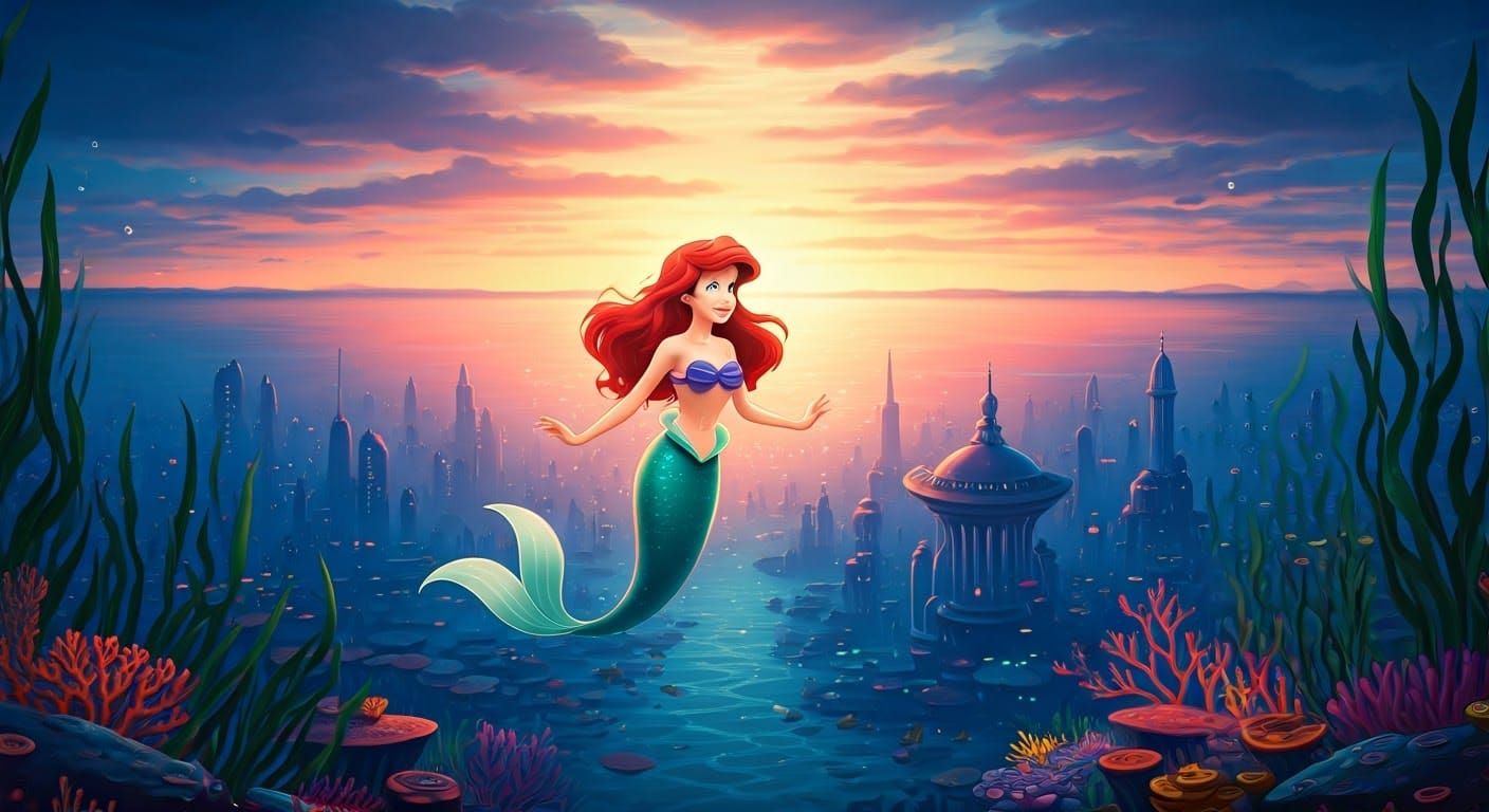 Ariel in Underwater Cityscape: Dreamlike Digital Art