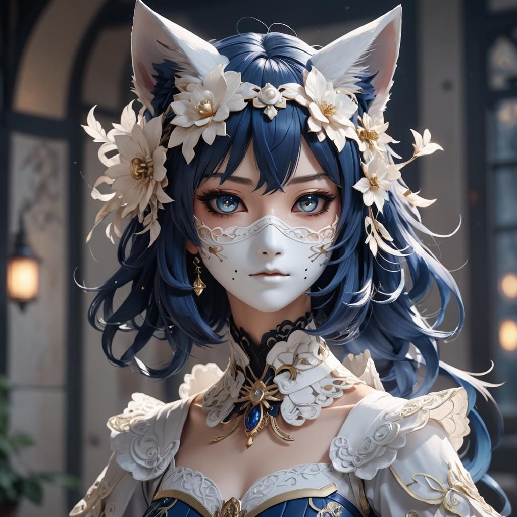 Anime Cat-Eared Girl with Mask in 3D