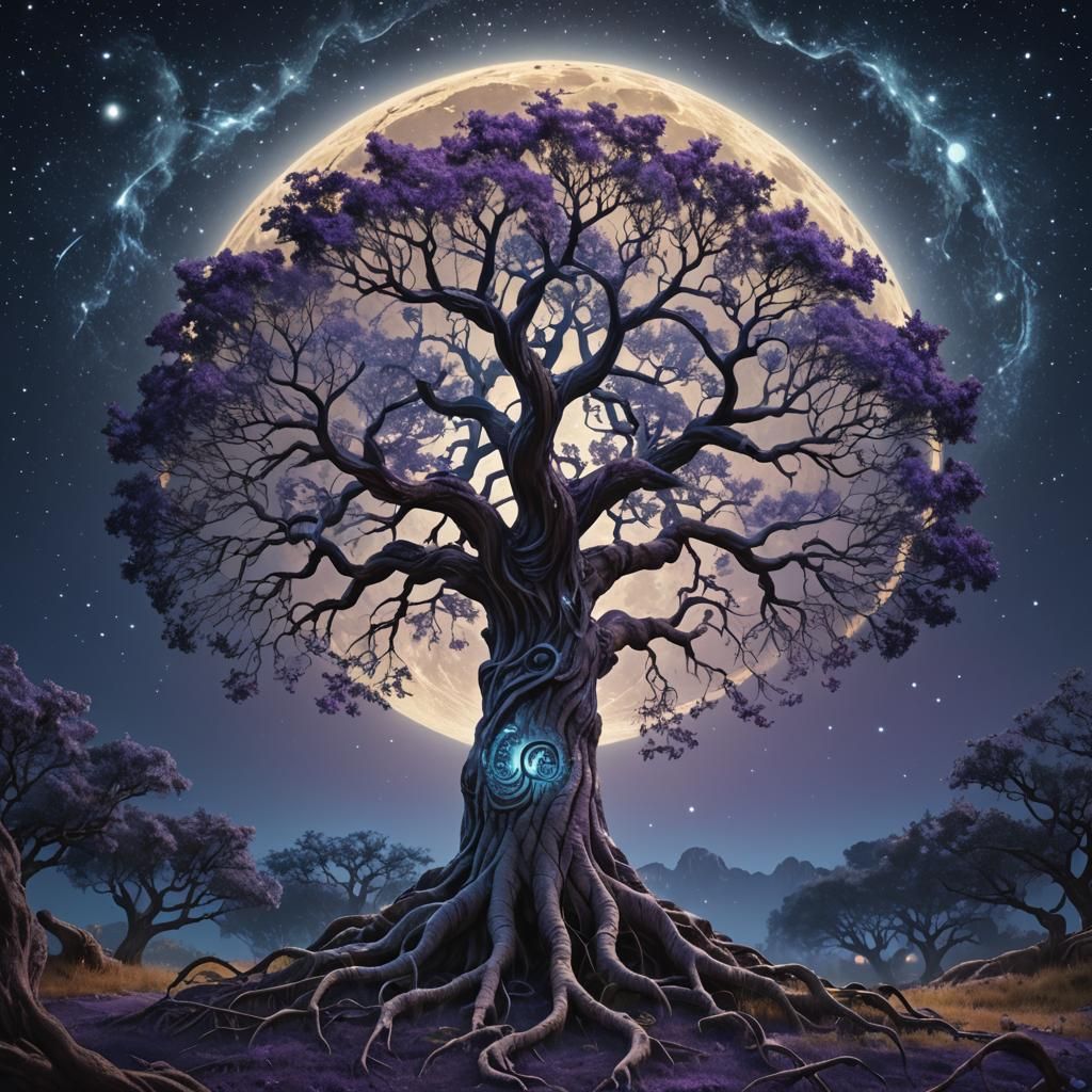 Surreal Tree of Life in Moonlight: Digital Art
