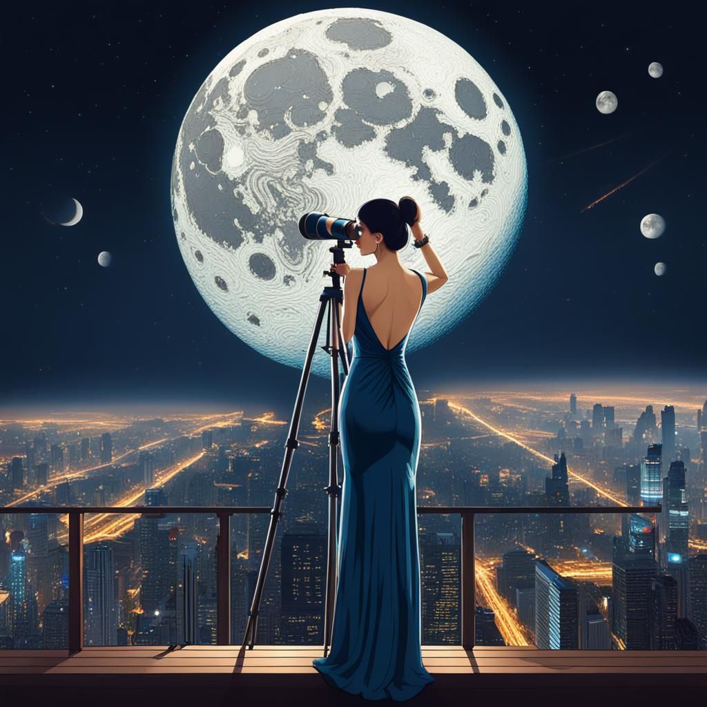 Woman Observes Giant Bitcoin in Surreal Style