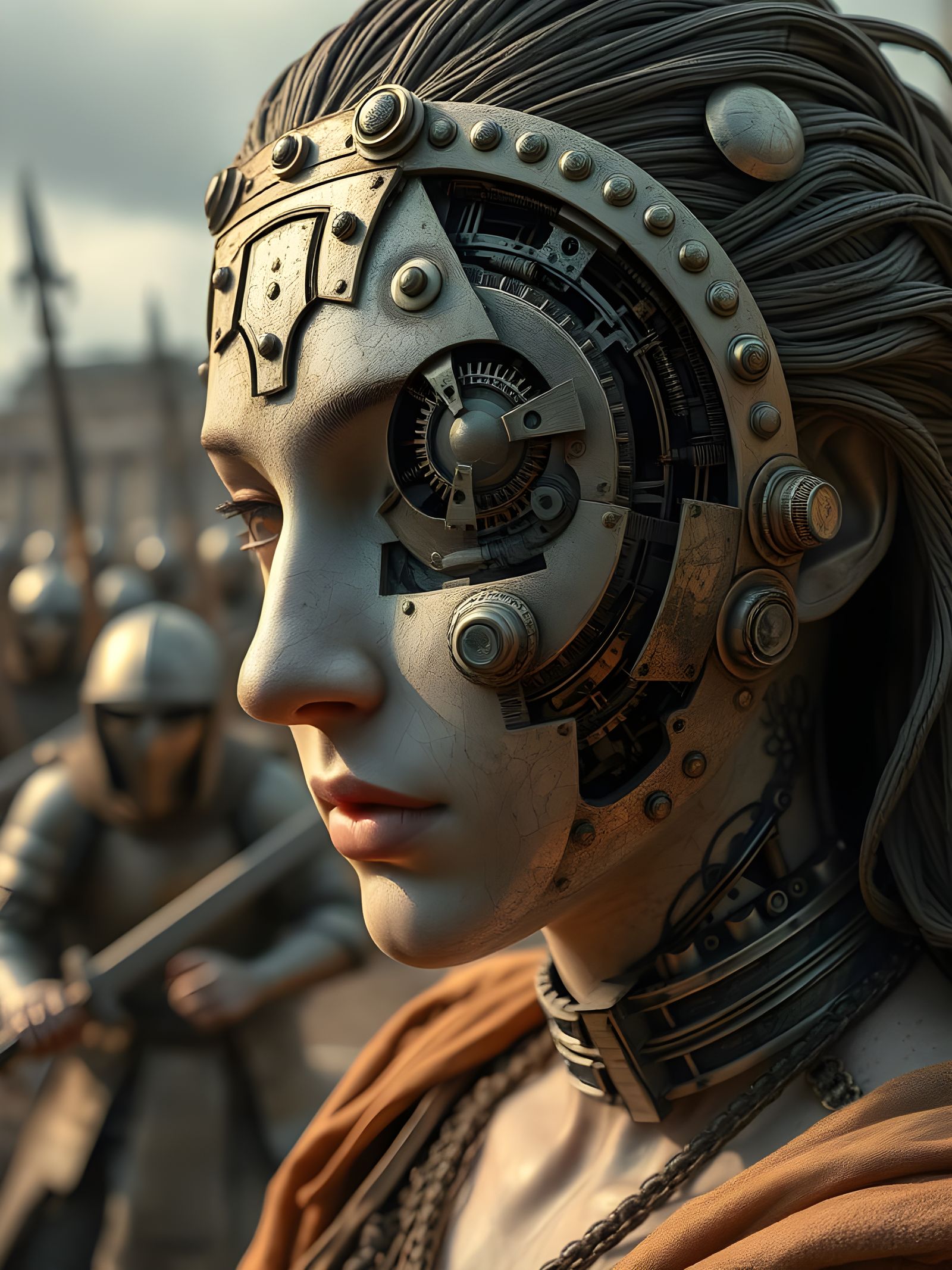 Cyborg Warrior Maiden Amidst Medieval Knights