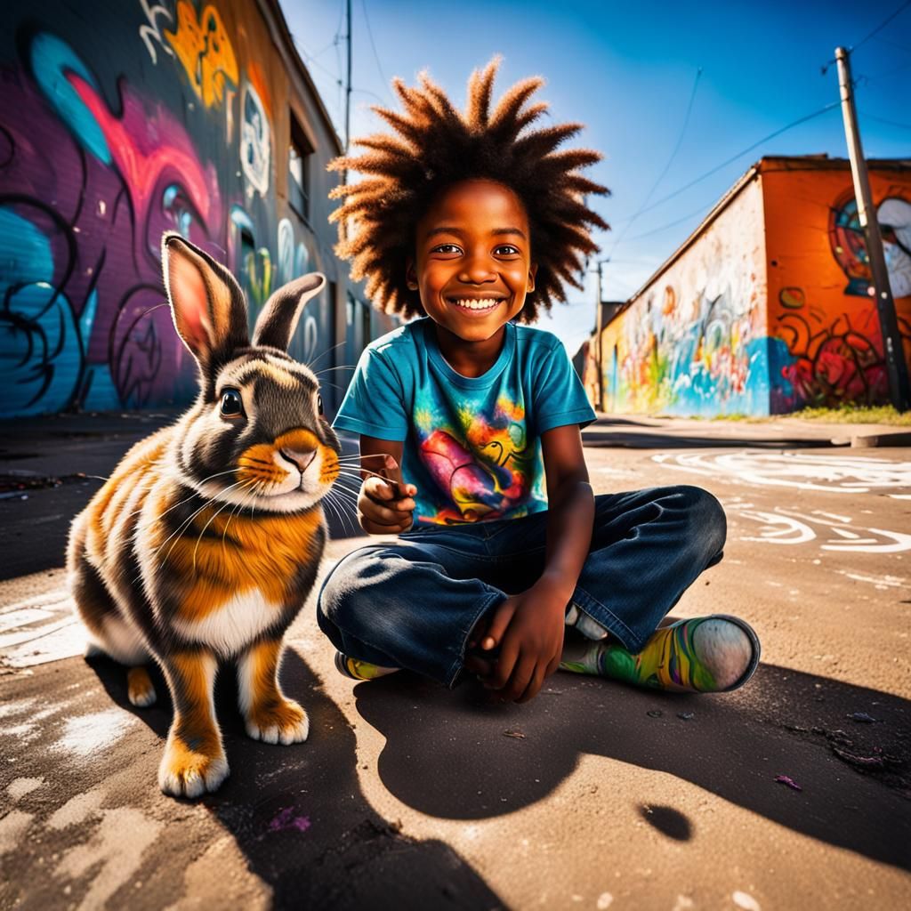 Smiling Child Petting Rabbit in Vibrant Street Art