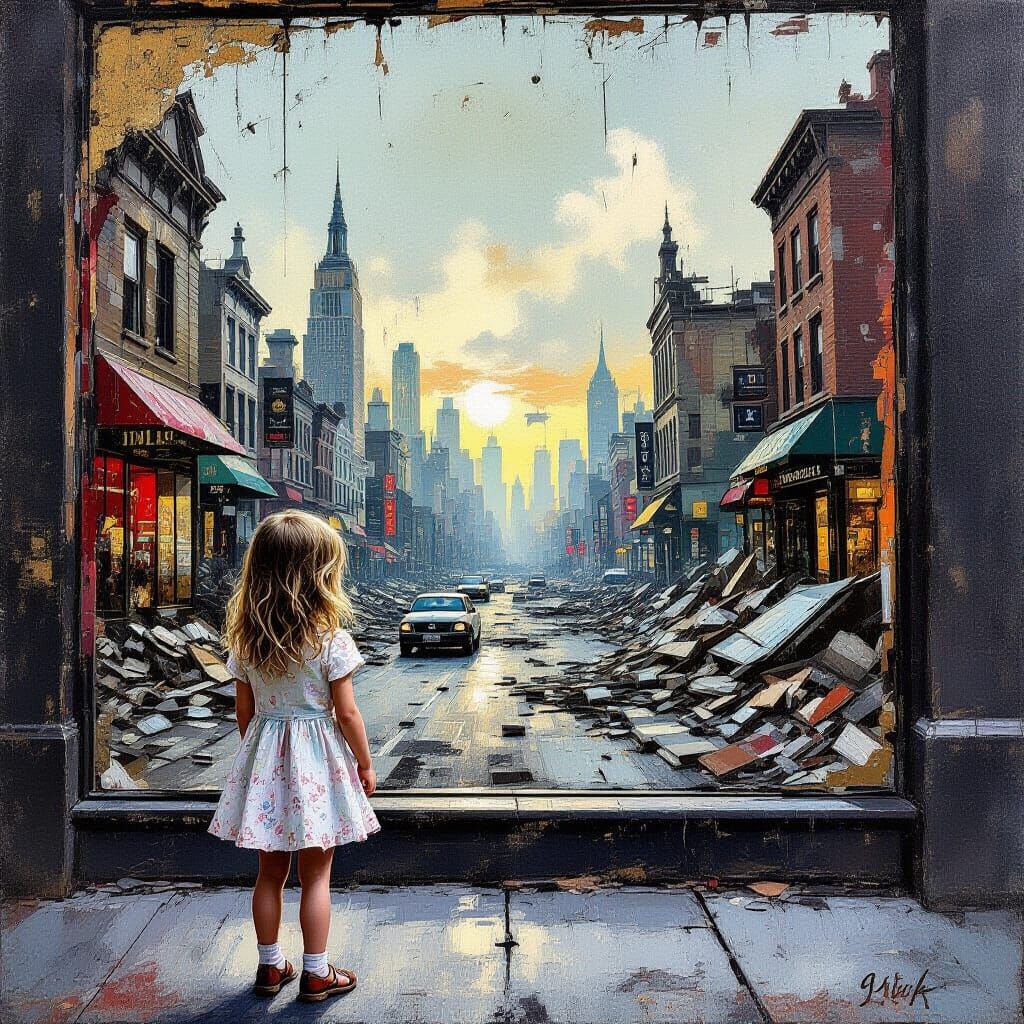 Girl's Reflection Shows Post-Apocalyptic World in Oil Painti...