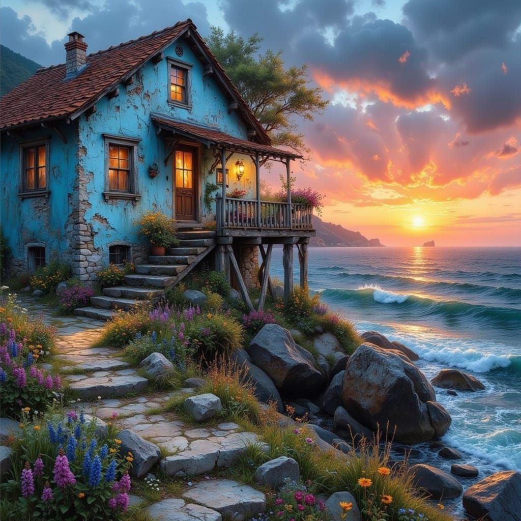 Timeworn Coastal House at Sunset, Painted Style