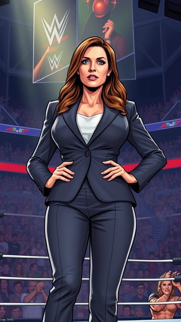 Confident Businesswoman in Wrestling Arena, Comic Book Style