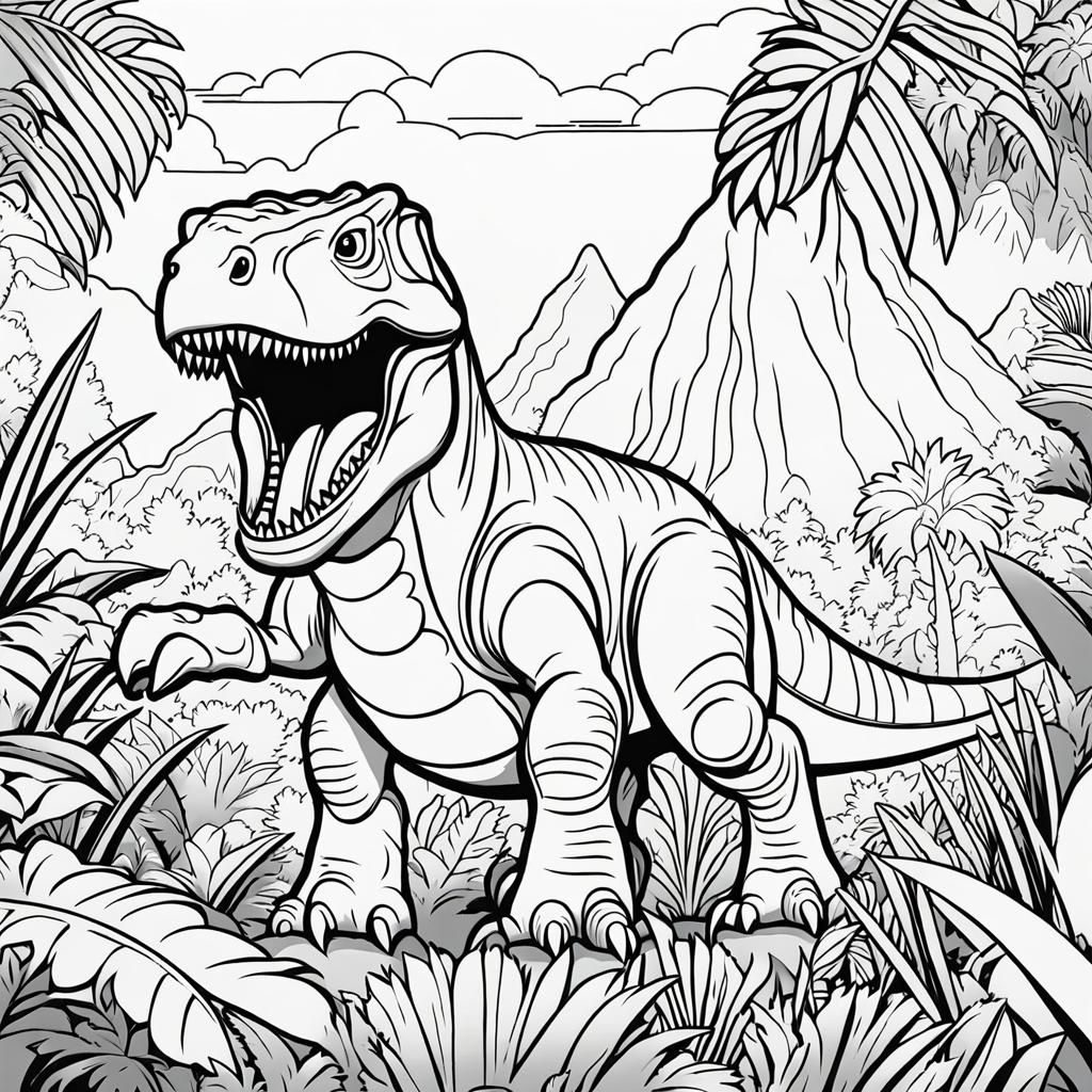 Cute Cartoon T-Rex Jungle Coloring Page
