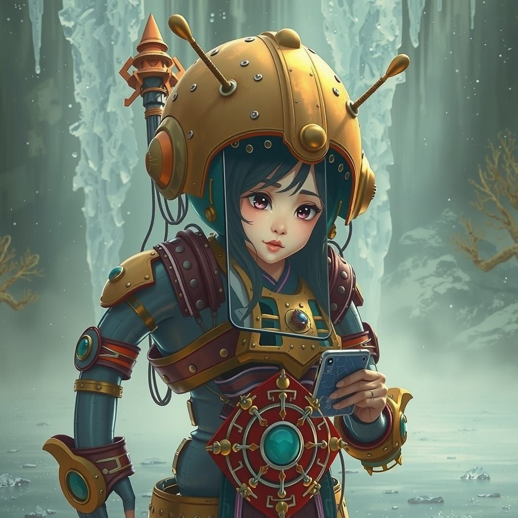 Robot Samurai with Crying Girl Portrait in Futuristic Style