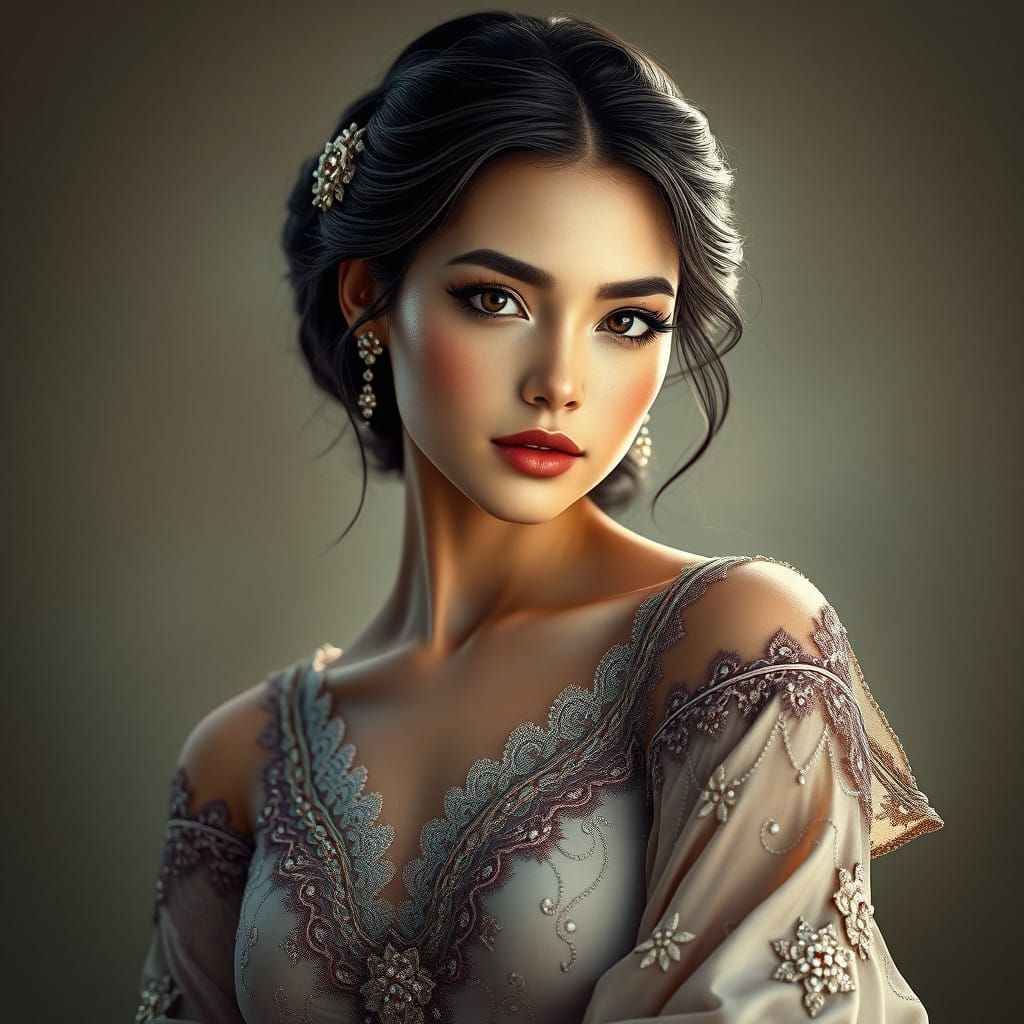 Elegant Woman Exudes Poise in Art Nouveau-Inspired Portrait