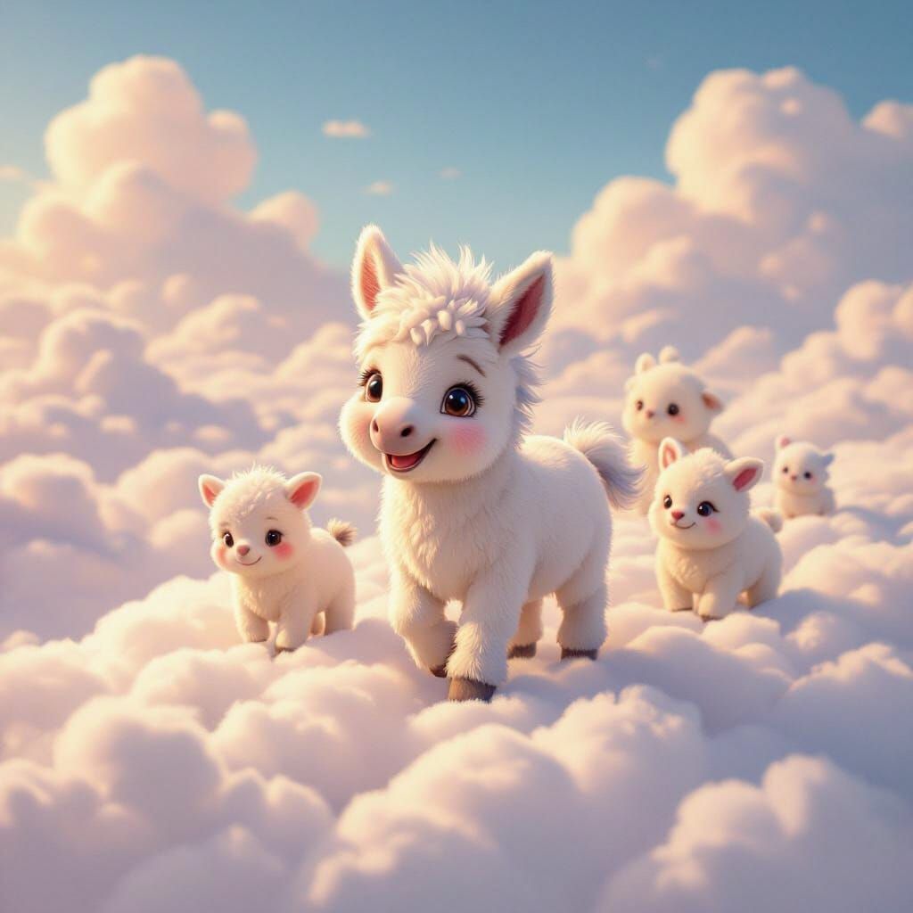Fluffy Donkey and Friends on a Cloud in Dreamlike Style