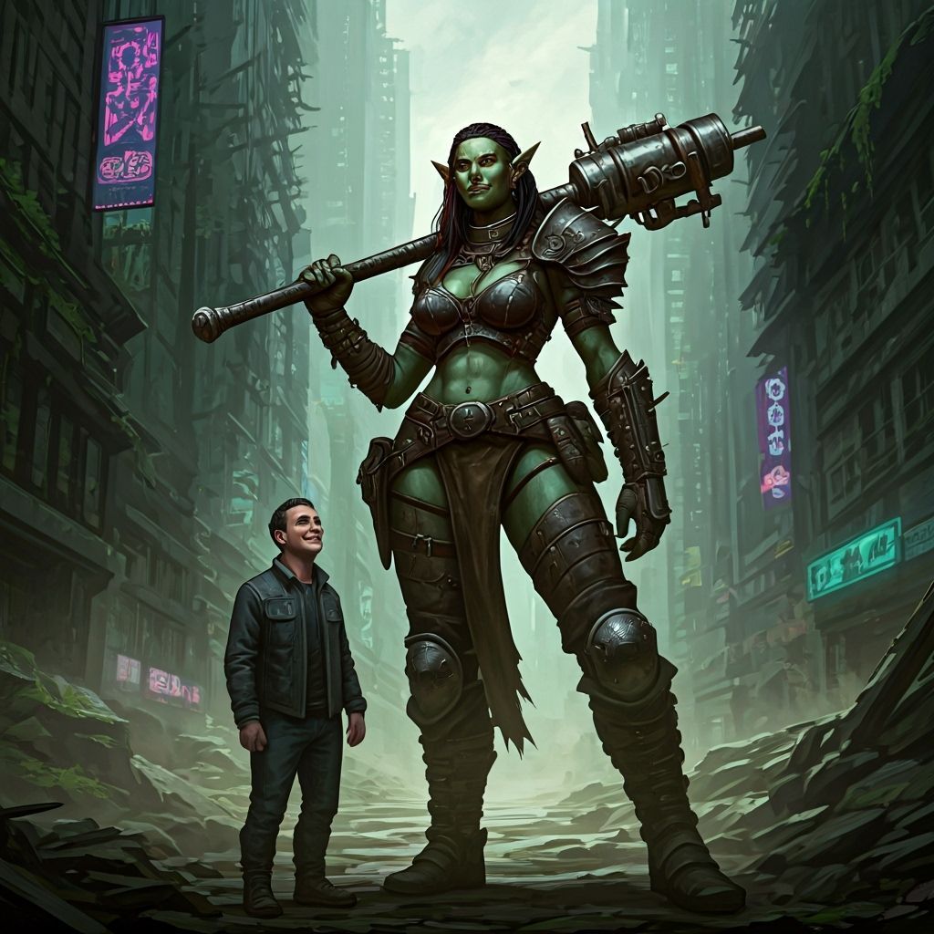 Orc Warrior in Cyberpunk Ruins: Gritty Realism