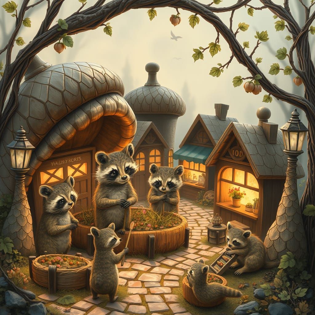 Raccoon Family Acorn City in Whimsical Style