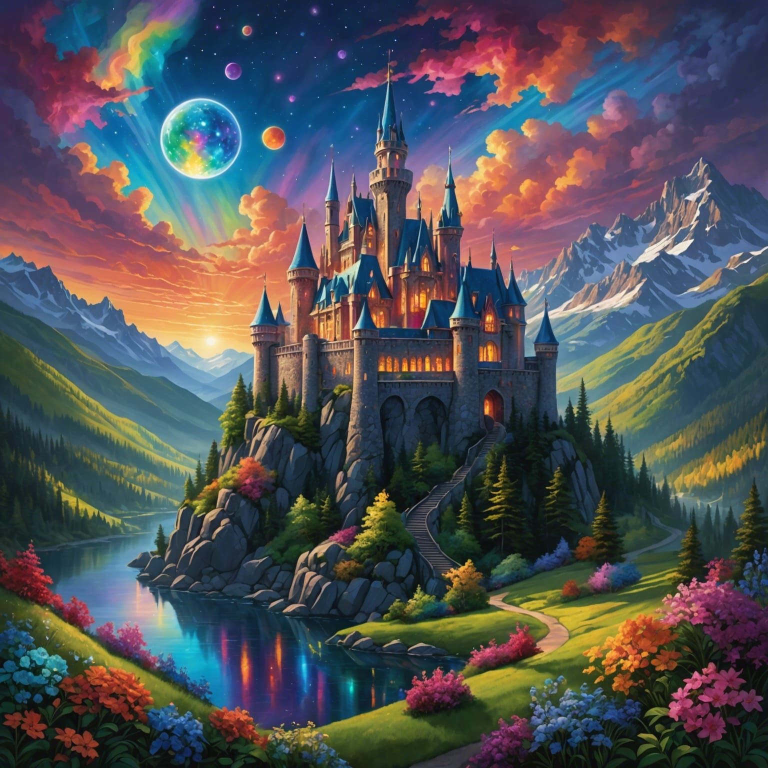 Iridescent Crystal Castle with Neon Valley Aurora