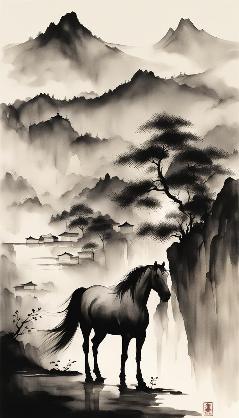 Minimalist Ink Painting of a Solitary Horse
