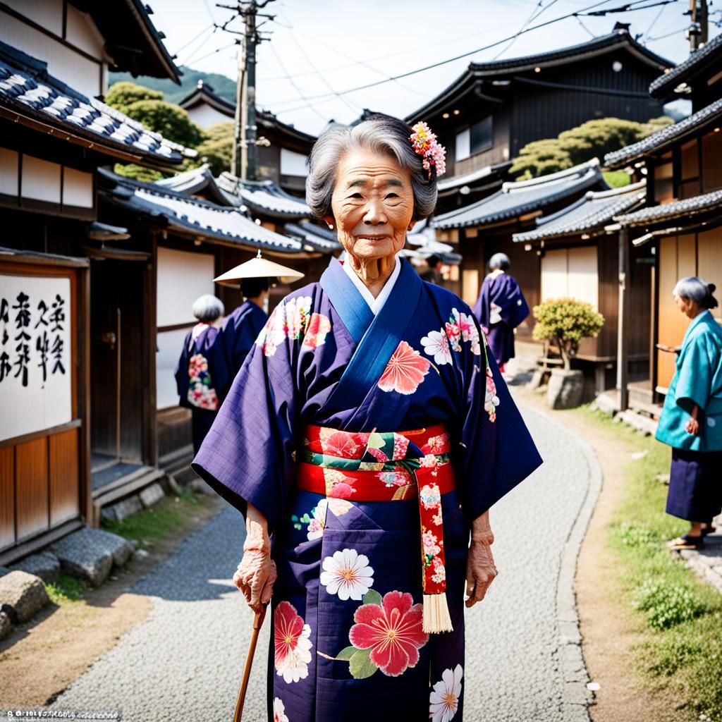 An older Japanese woman in a village wearing a kimono for a festival.