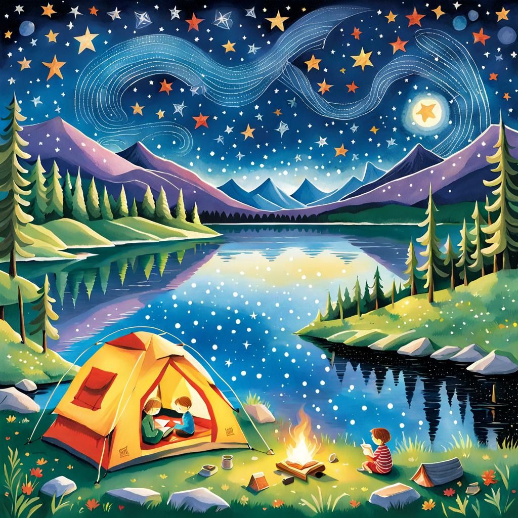Lakeside Campsite Under Starry Sky in Children's Book Style