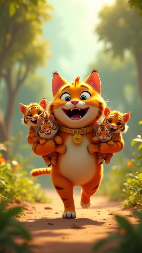 Joyful Cat Rescues Cubs: Pixar-Style Animation
