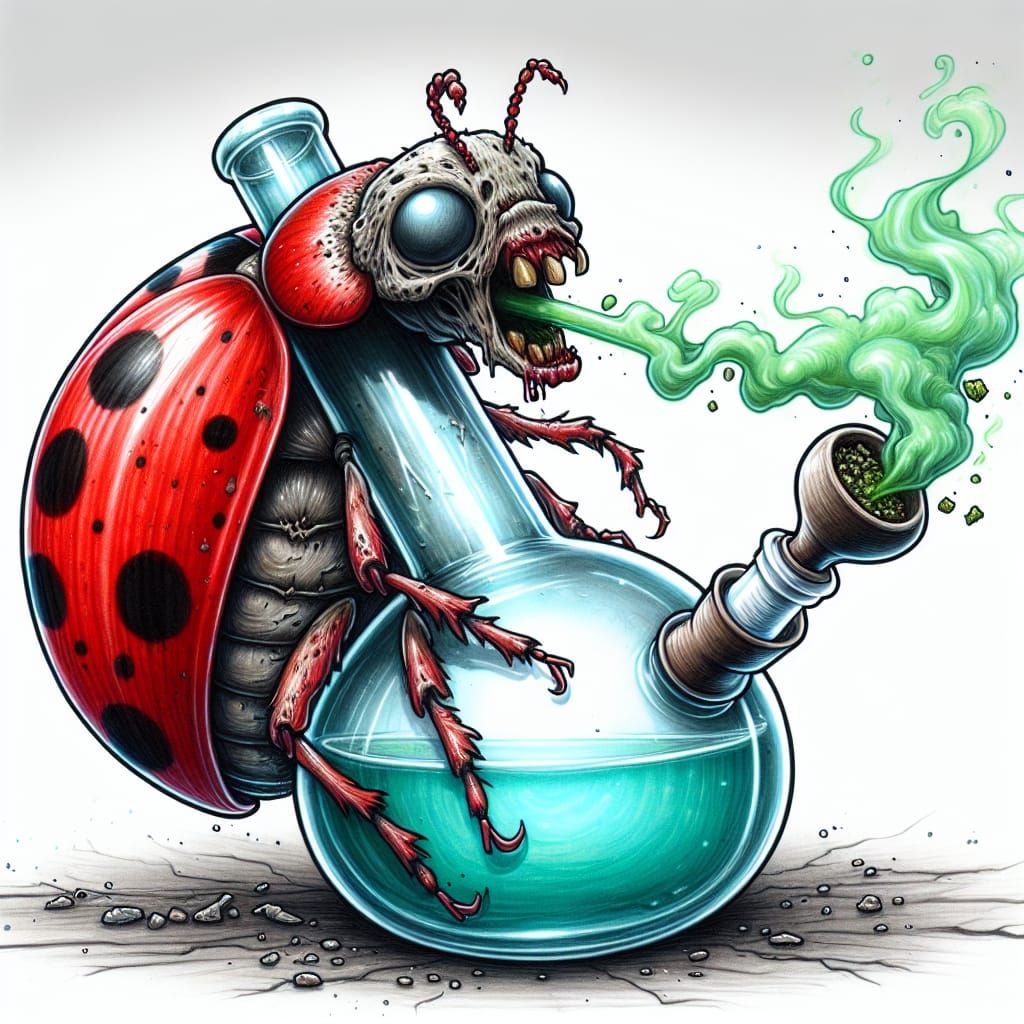 Cartoon Zombie Ladybug Smoking a Water Bong