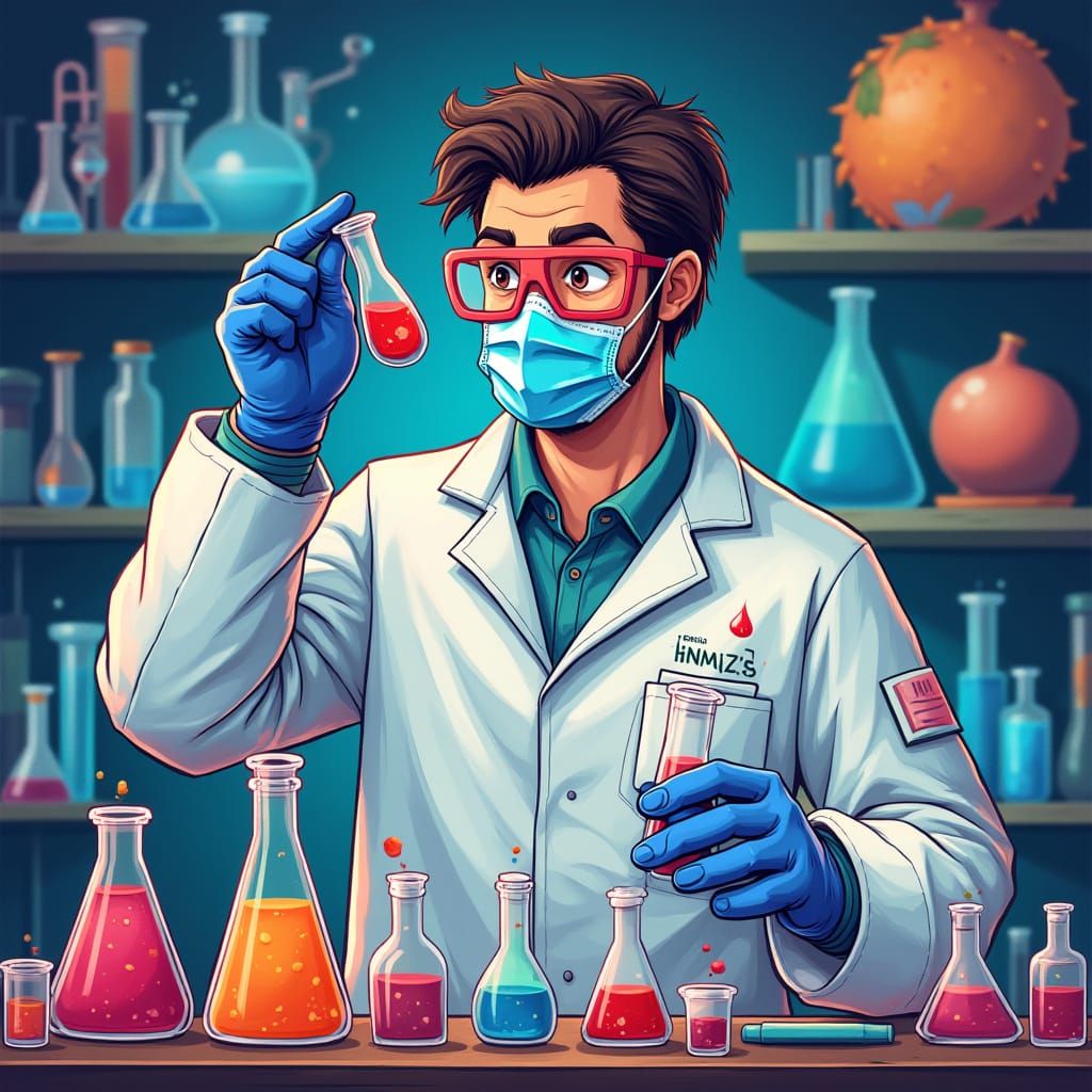 Chemist in Lab Surrounded by Chemistry Symbols
