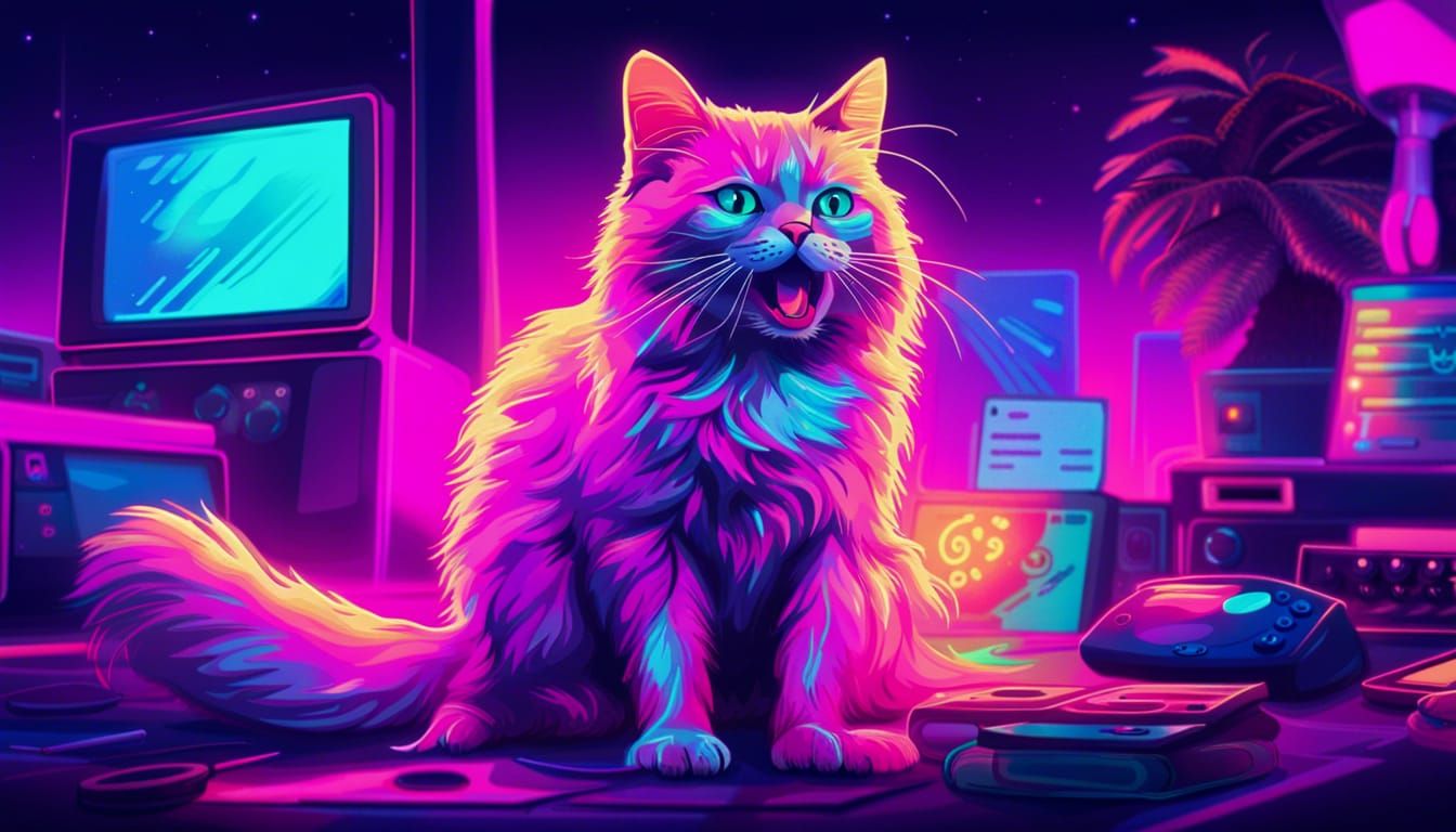 Synthwave Catnip Frenzy in Neon Retro Style