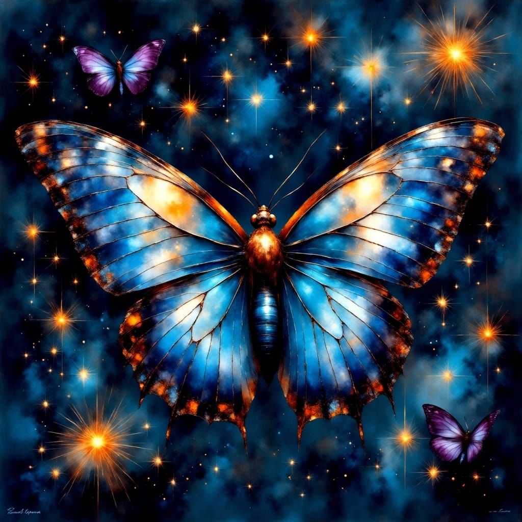 Majestic Iridescent Moth Soars Through Twilight Night Sky