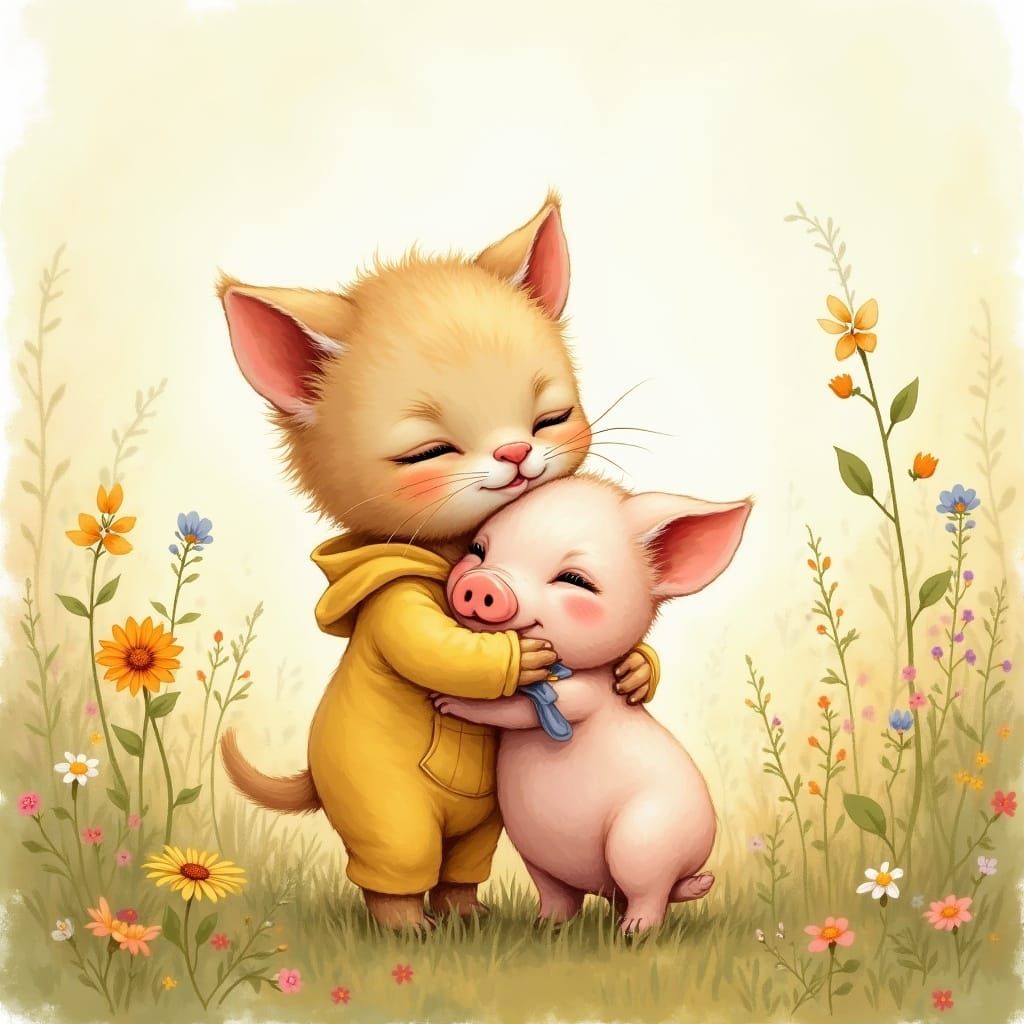 Kitten and Piglet Hug in Whimsical Meadow
