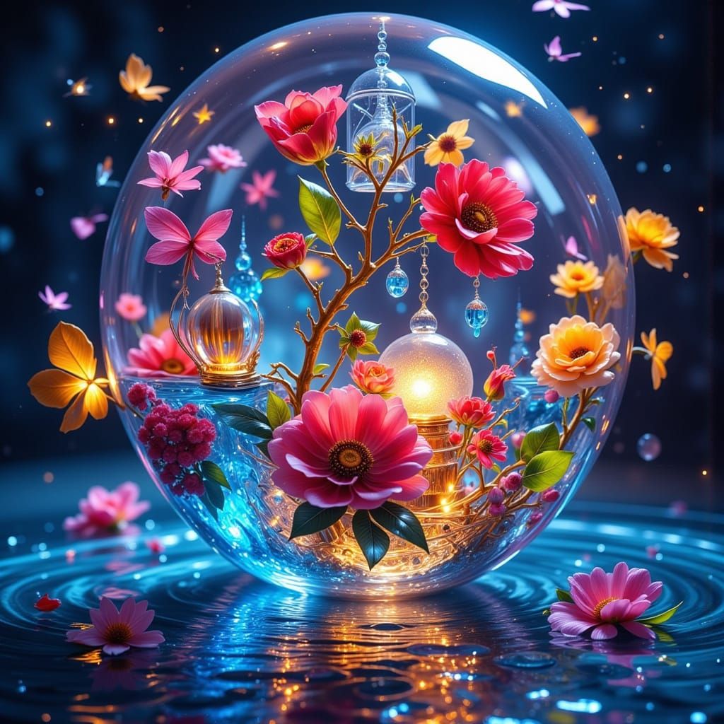 Neon Glass Worlds on Atlantic Ocean in Retro-Futurism Style