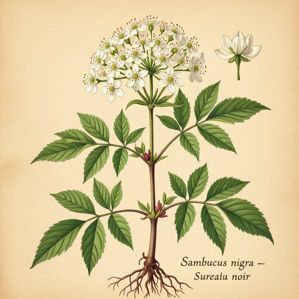 Vintage Herbarium Style Elderflower Botanical Illustration