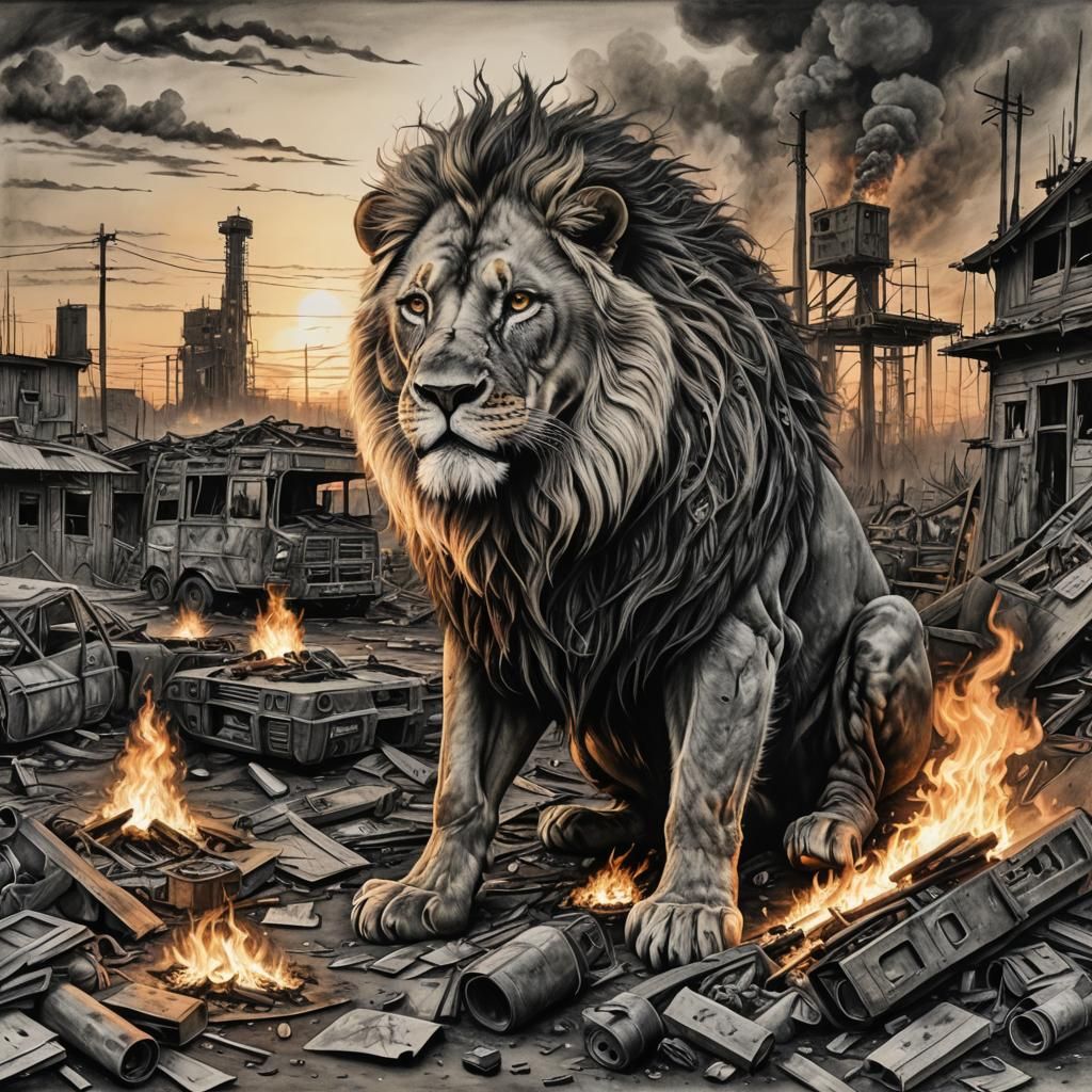 Post-Apocalyptic Junk Lion in Charcoal Style