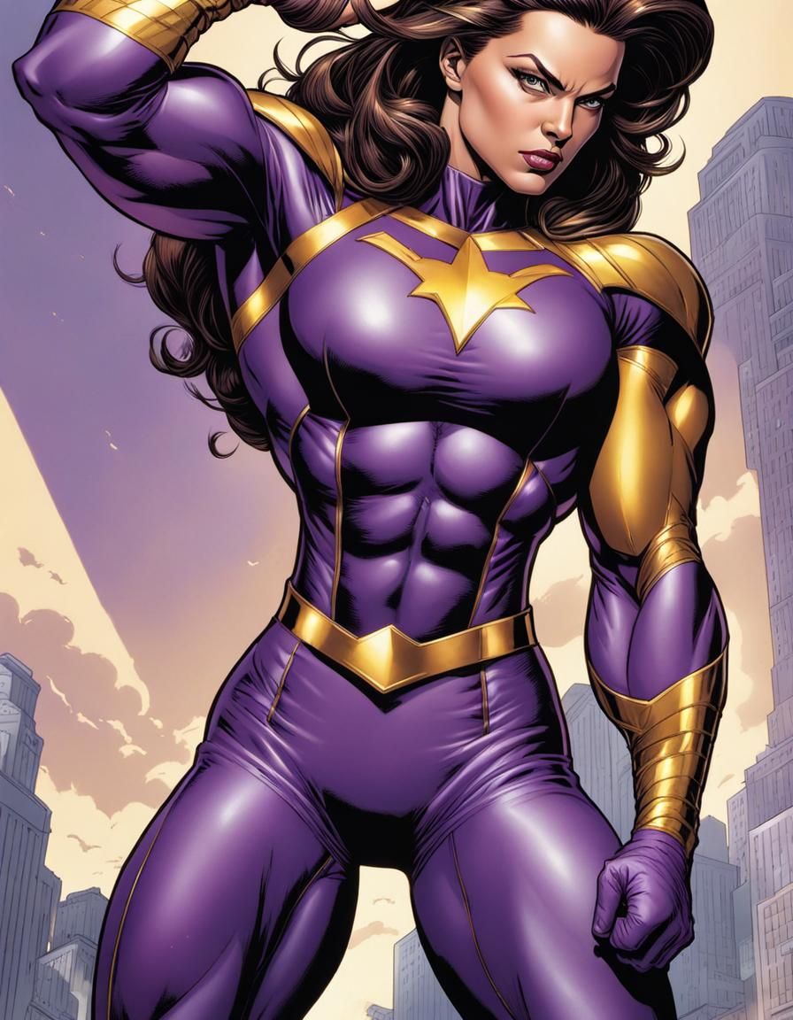 Female Superhero in Purple with Gold Trim with Muscles