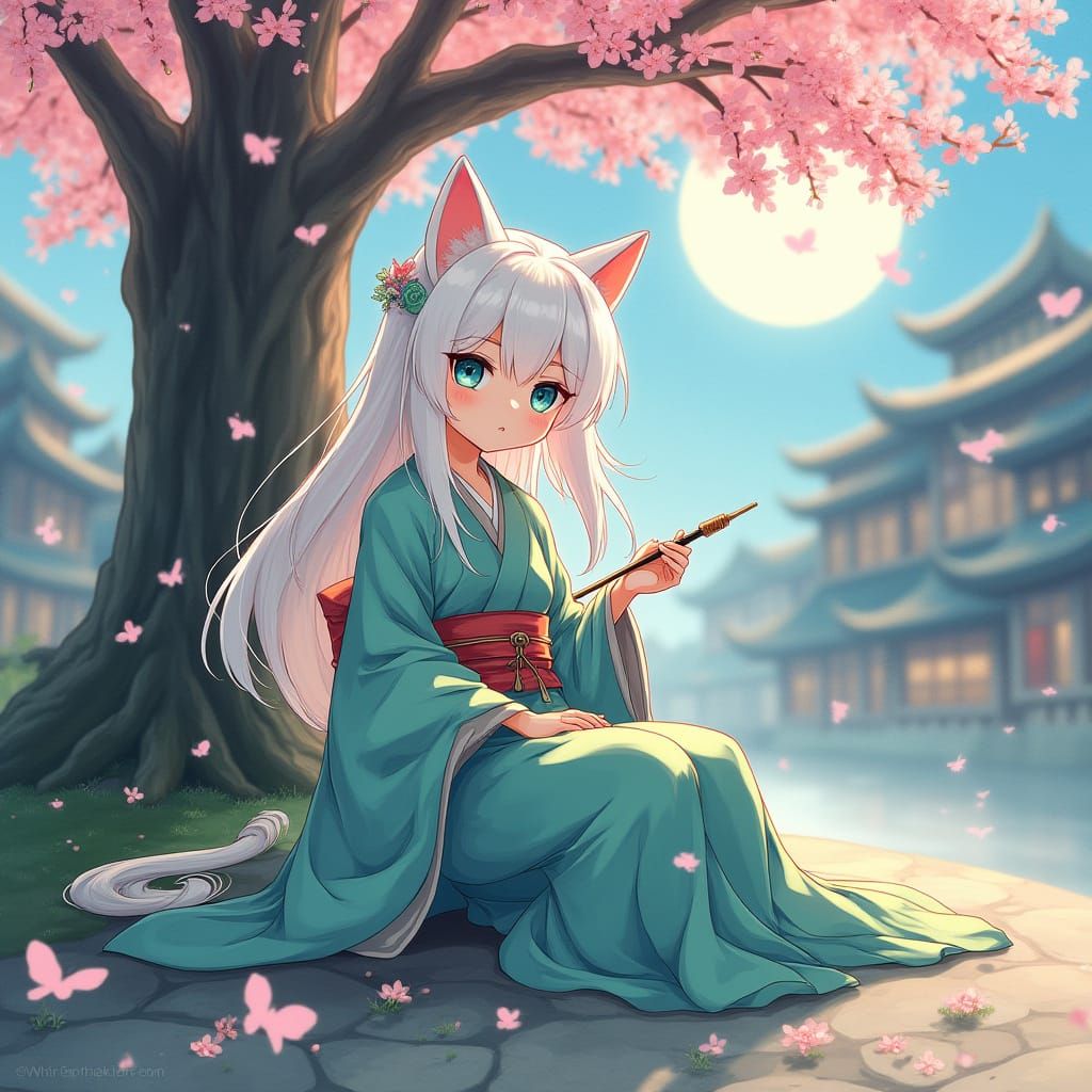 Manekineko Sage in Watercolor Cherry Blossom Dreamscape