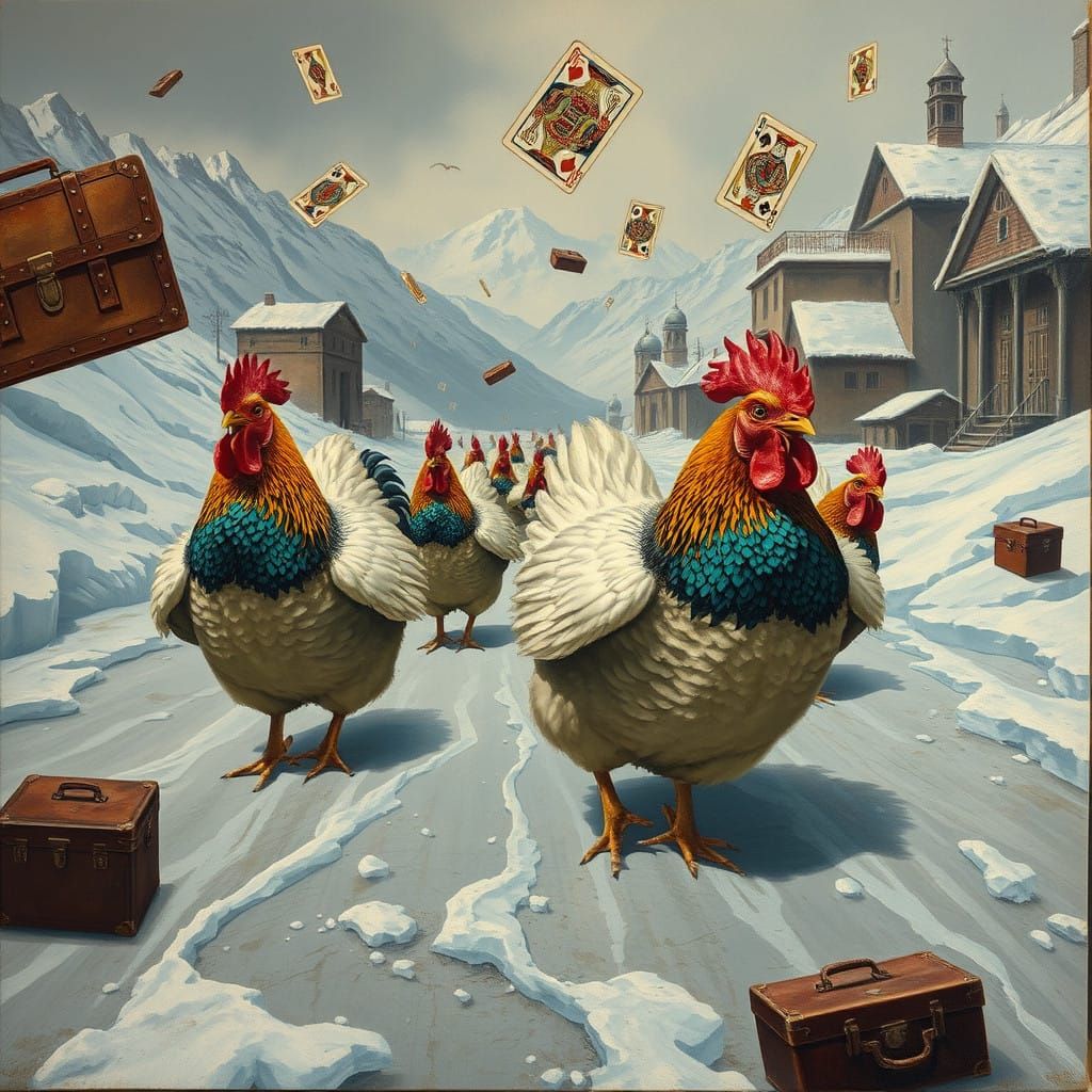 Vibrant Chickens Glide on Crystalline Mountain Street in a D...