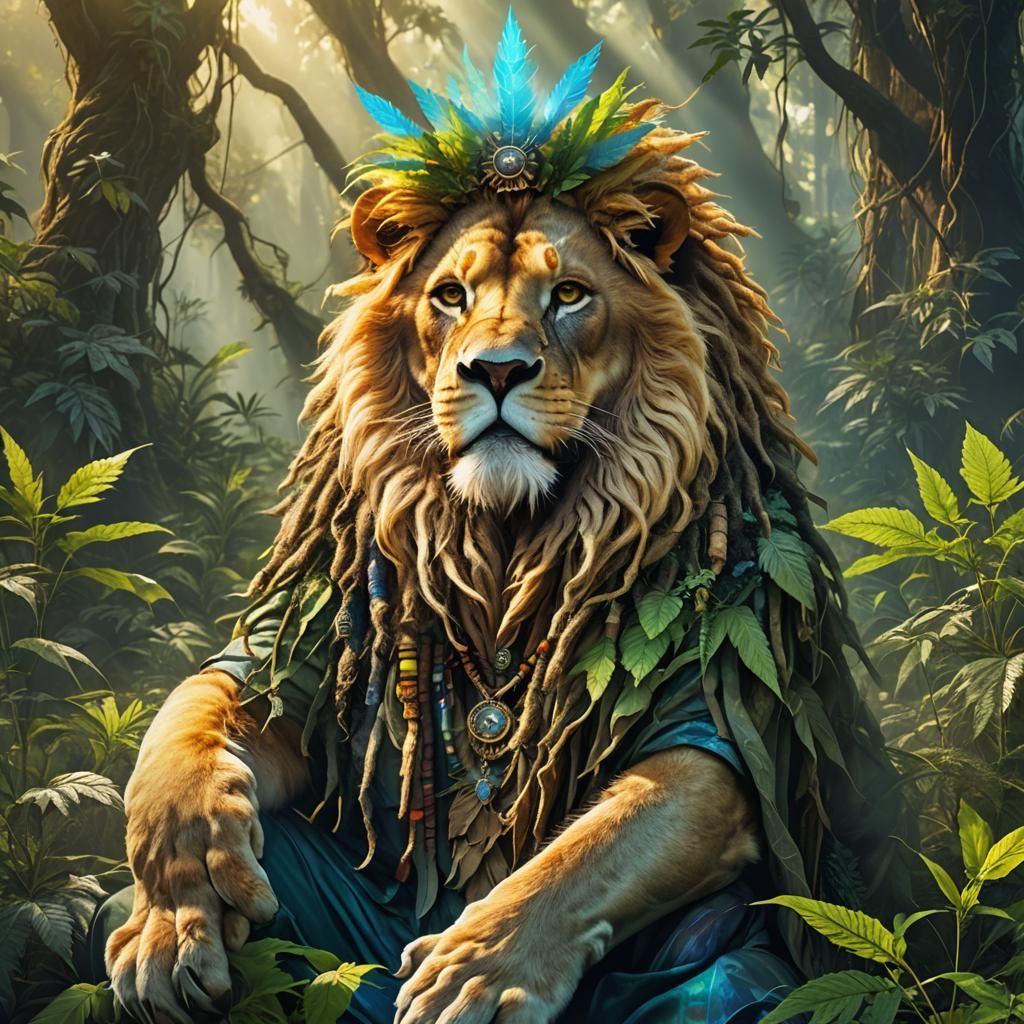 Reggae Lion in Misty Forest, Digital Art
