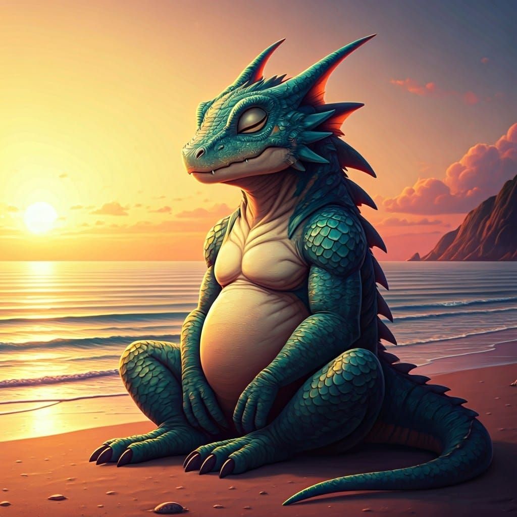 Serene Digital Creature at Sunset