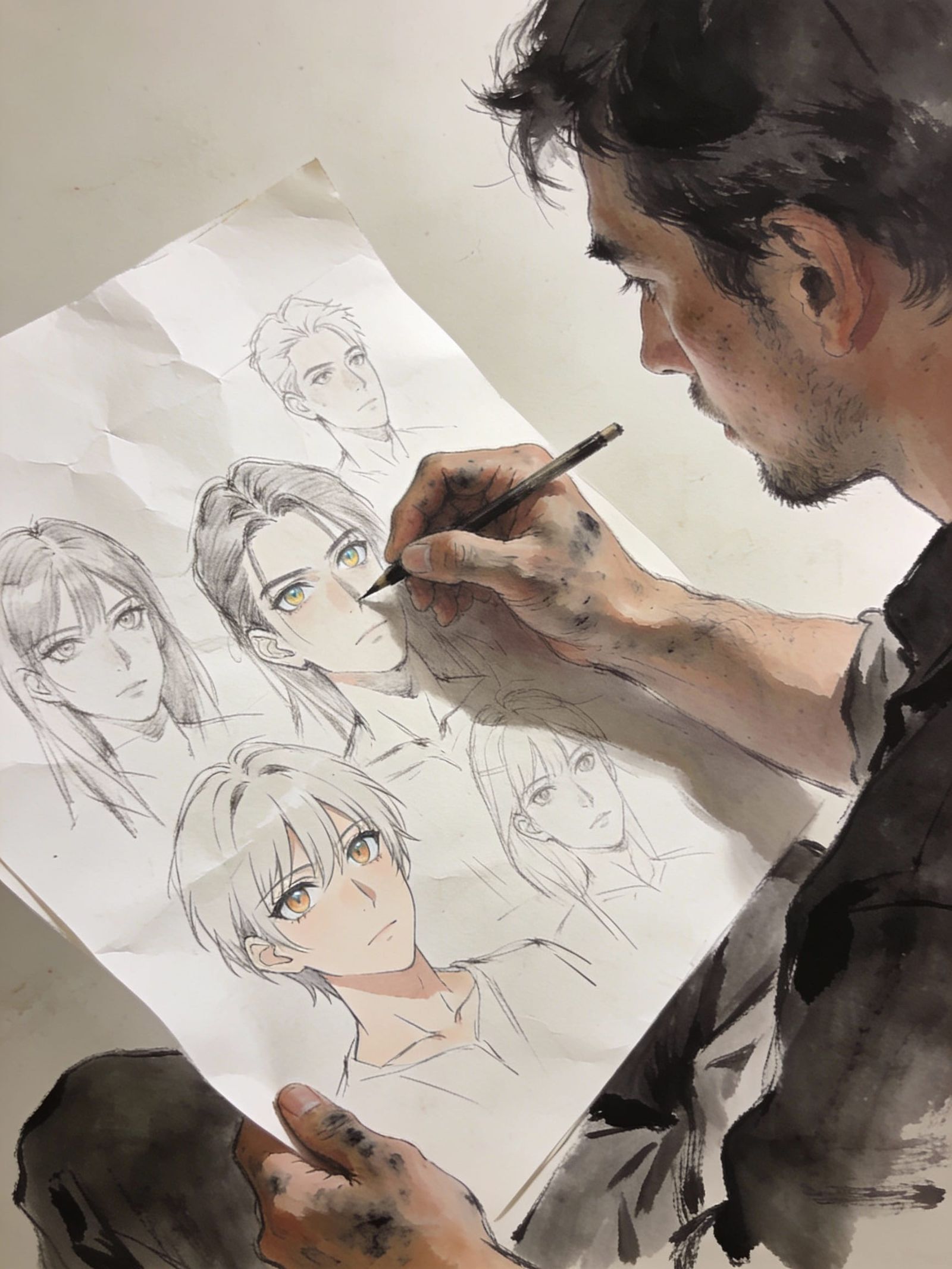 Artist's Hand Uncovering Drawings of Realism and Anime
