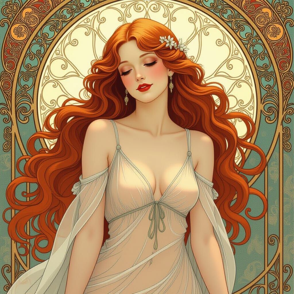 Elegant Redhead in Gossamer Nightie, Art Nouveau Style