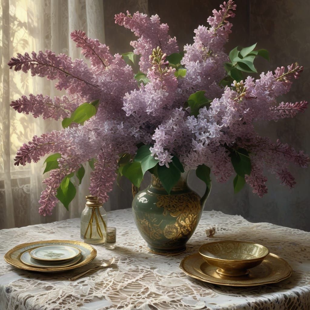 Elegant Vase of Lilacs in Oil Painting Style of the Old Mast...