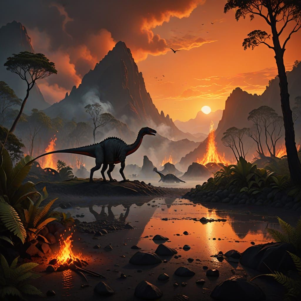 Dramatic Jurassic Landscape with Sauropod and Eruption