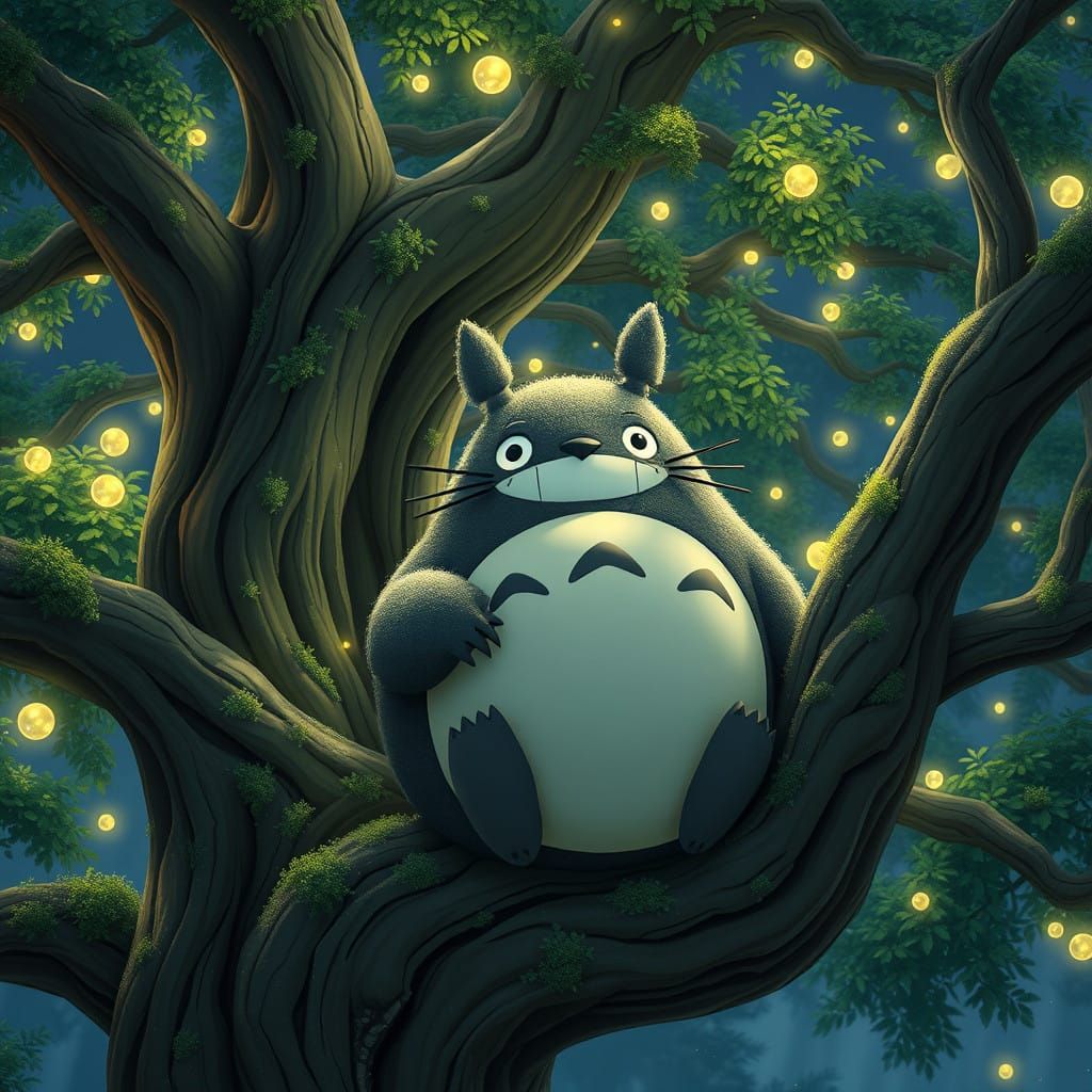 Totoro Sits Serenely on Majestic Tree Branch at Night