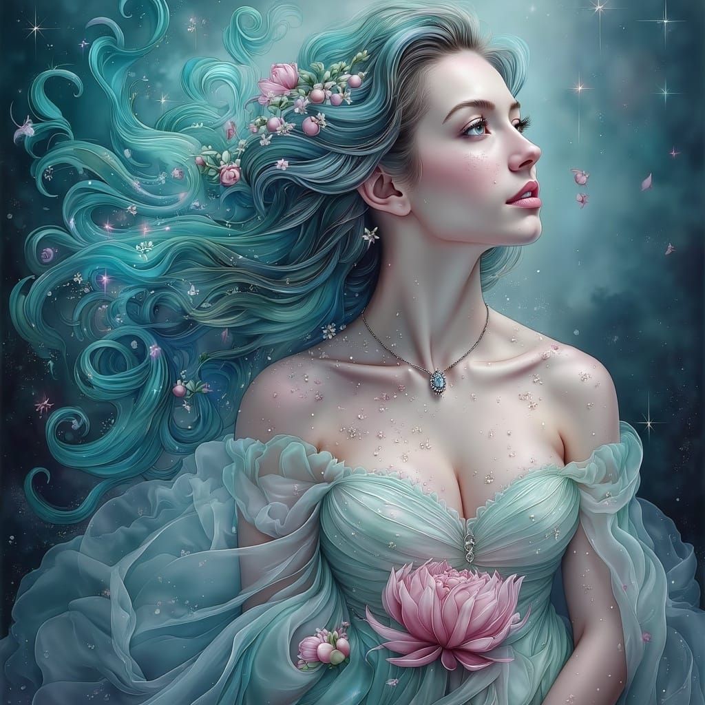 Whimsical Cosmic Goddess in Shimmering Pastel Hues