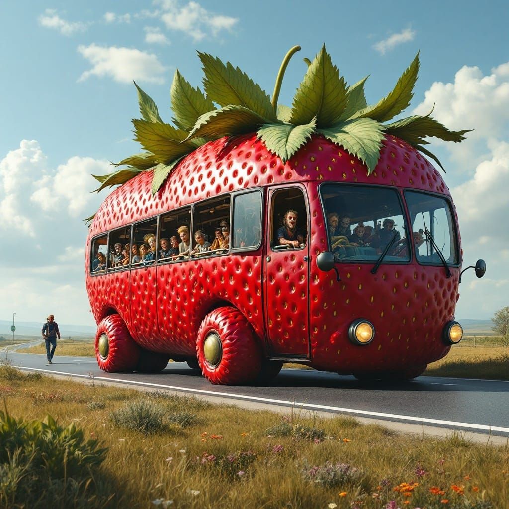 Futuristic Strawberry Bus Cruises Down Motorway