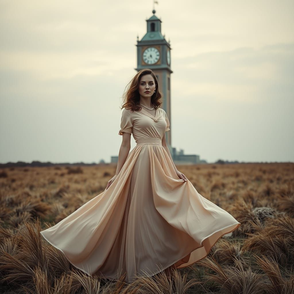Woman in 1940s Dress on Windswept Moor