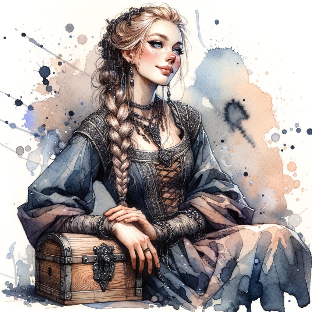 Norse Goddess with Box, Watercolor and Ink Illustration