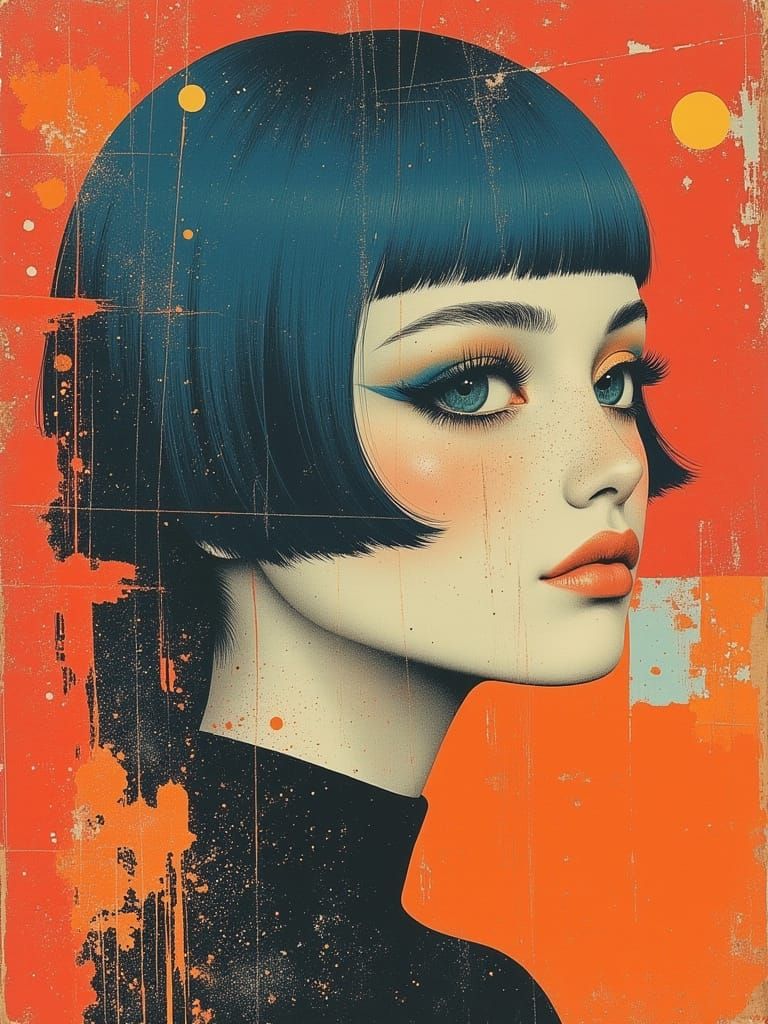 Surreal Portrait of a Blue-Haired Girl in Geometric Setting