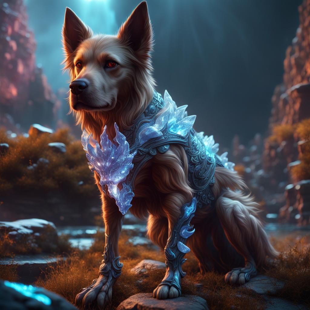 Crystal Dog in Detailed Matte Painting Style