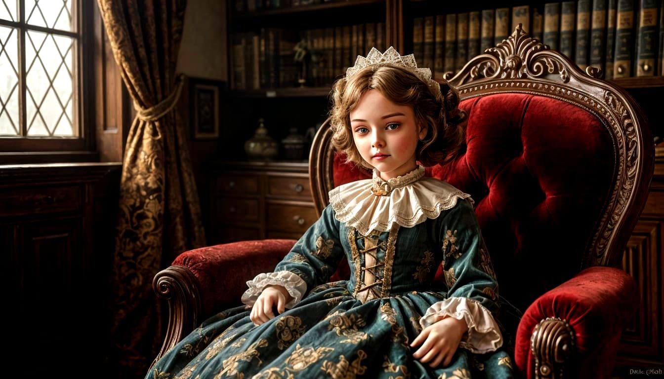 Eerie Porcelain Doll in Victorian Study, Photorealistic