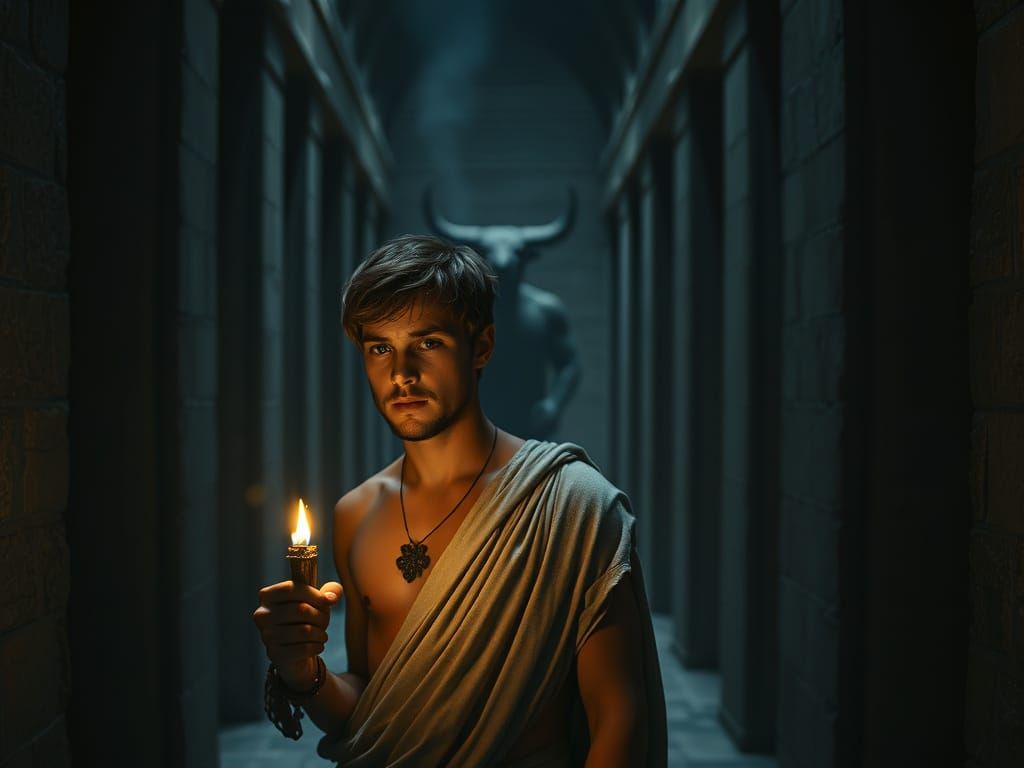 Ancient Greek Hero Confronts Minotaur in Labyrinth